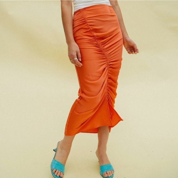 🆕THE LINE BY K ORANGE SISILIA ADJUSTABLE LENGTH MIDI SKIRT ASYMMETRICAL RUCHING - Picture 6 of 9